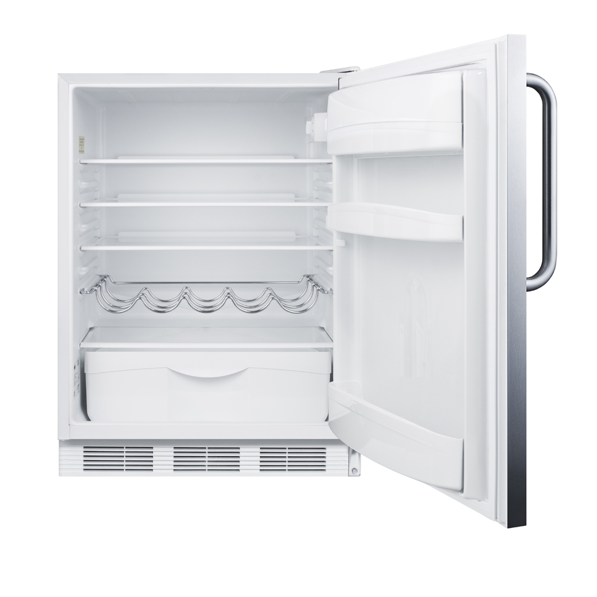 Built-in undercounter all-refrigerator for residential use, auto defrost with a stainless steel wrapped door, towel bar handle, and white cabinet